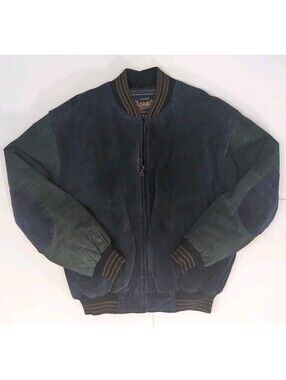 Vintage Sam’s Club Suede Varsity Jacket Elbow Patches Size Medium Blue Green EX
